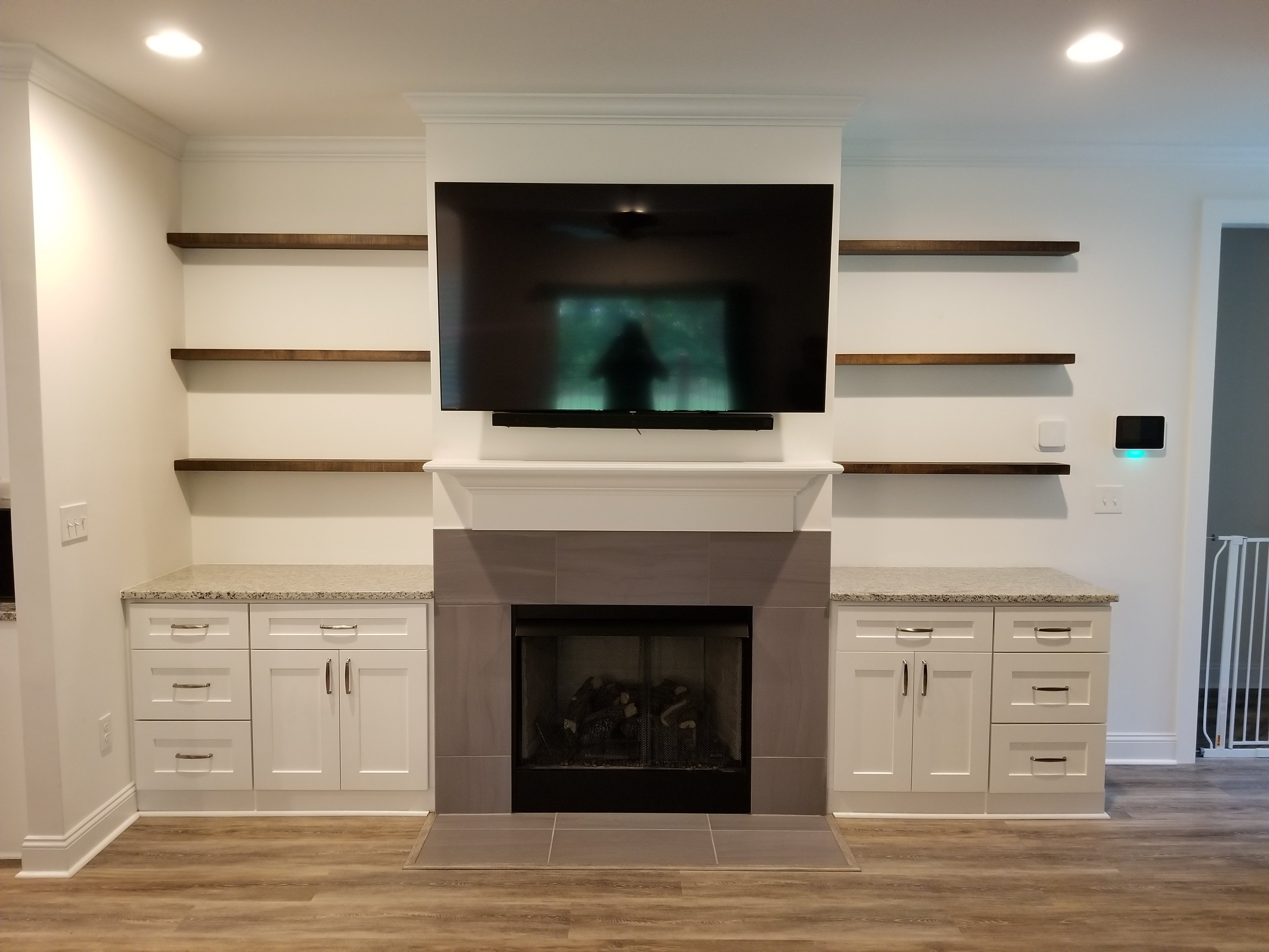 Maple Floating Shelves Around Entertainment Center